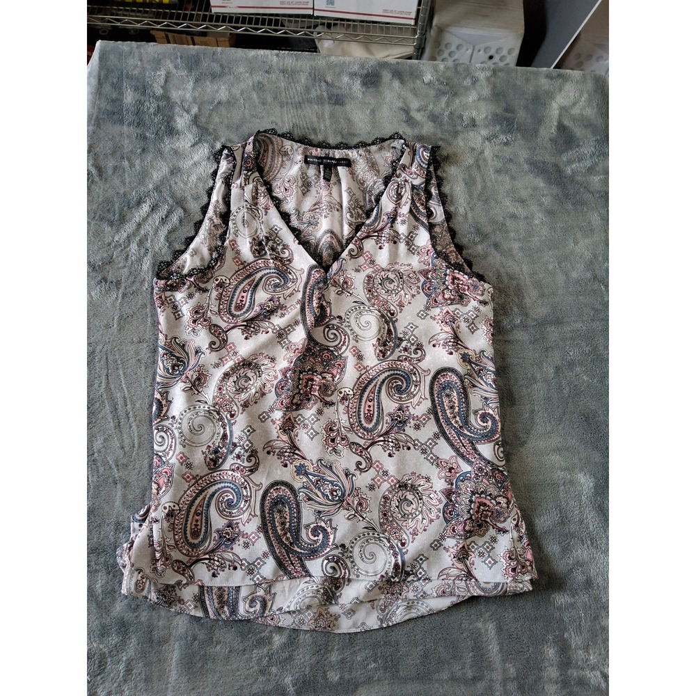 White House Black Market Paisley Lace‎ Trim V-Neck Sleeveless Blouse Small
